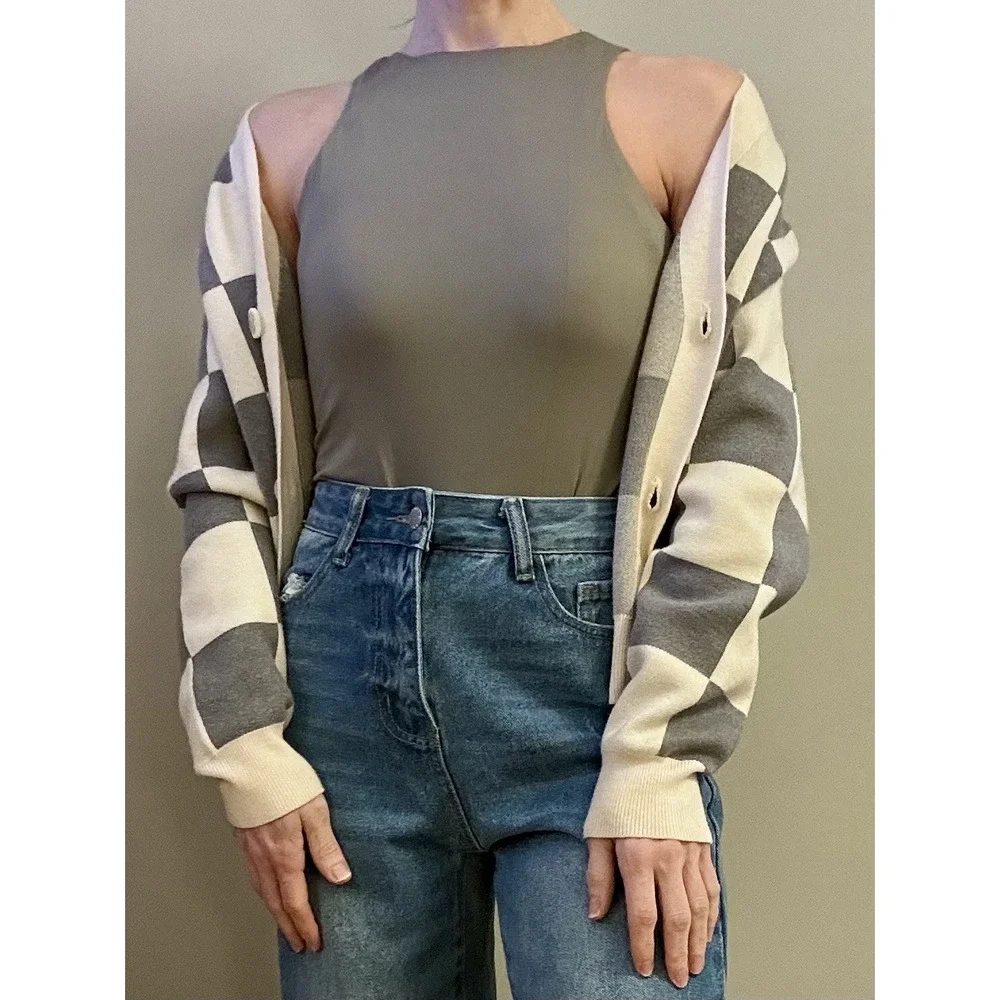 Willow‎ And Wind XS Checkered Cardigan Ivory/grey. Valentine's Girly Slay Crop - Picture 10 of 16